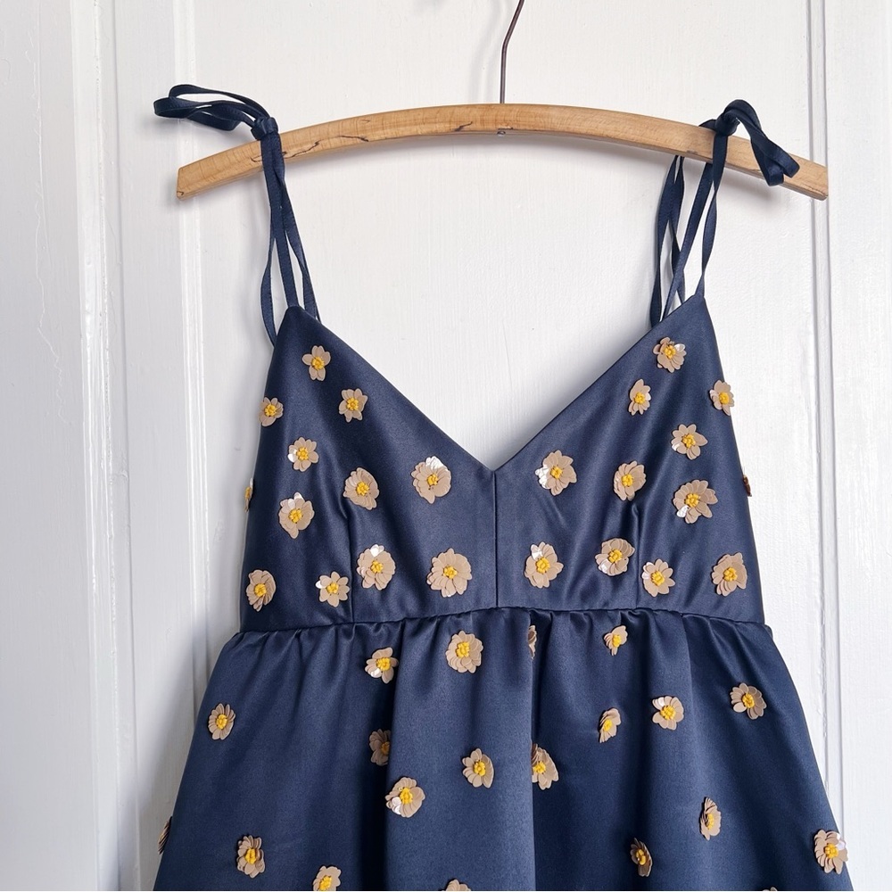 Dhruv Kapoor • Anthropologie Calysta Dress navy blue satin midi sequin floral - Picture 3 of 13